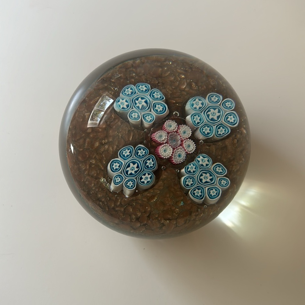 Vintage hand-blown Art Glass paperweight Millefiori & star‎ canes, copper micca